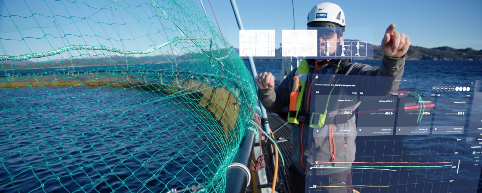 Ansatt på merdkant med digital fremstilling av data